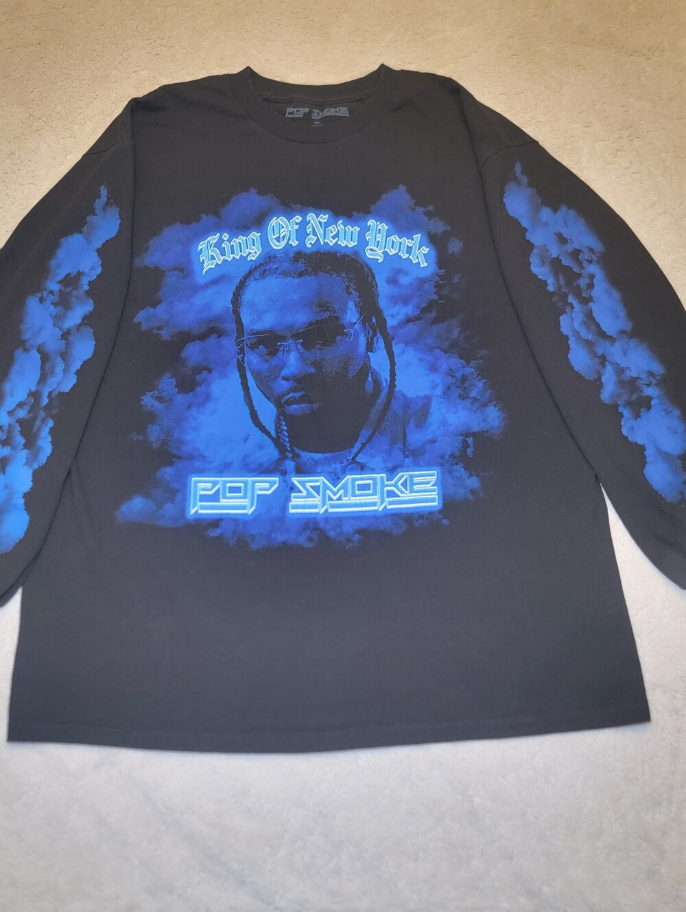 Pop Smoke King Of New York Long Sleeve Rap Tee Shirt Men's XL Blue Smoke